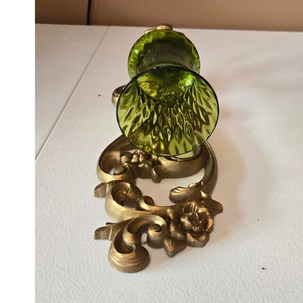 Vintage 1971 HOMCO 4119 Wall Sconces Pair Green Glass Gold Hollywood Regency